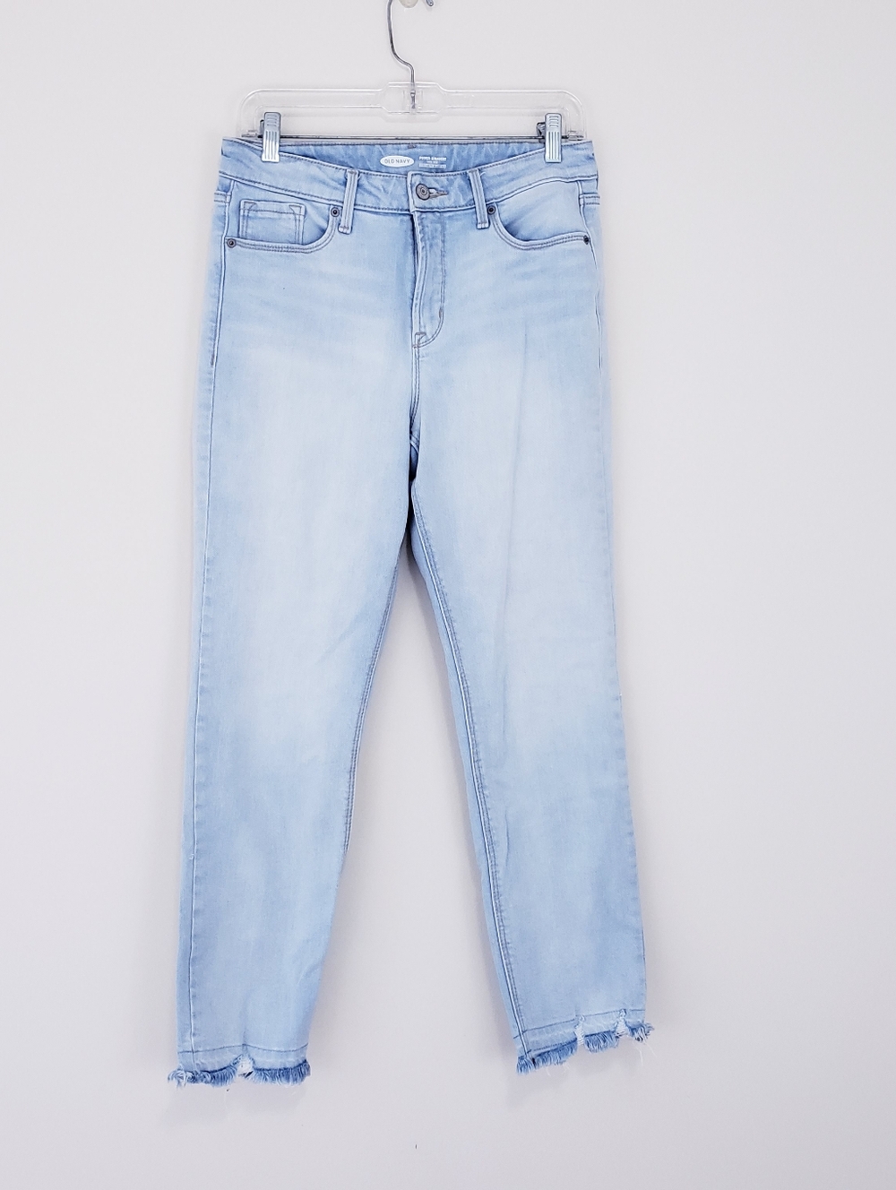 Old Navy Power Straight Light Wash Raw Hem High Rise Jeans Size 8 Bleach Denim